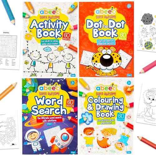 abeec Activity Books for Children - 4 A4 Books Containing: Word Search, Dot to Dot and Colouring Books for Children. Kids Travel Activity Packs for Kids