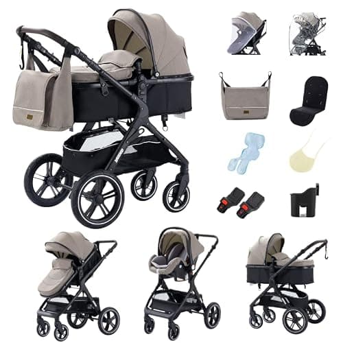 GLOKID 3 in 1 Prams Travel System, Foldable Lightweight Stroller, Pushchair with Height Adjustable Handle, Travel Pram with Mosquito Net, for Newborns Toddlers from Birth (HHX1 Khaki)